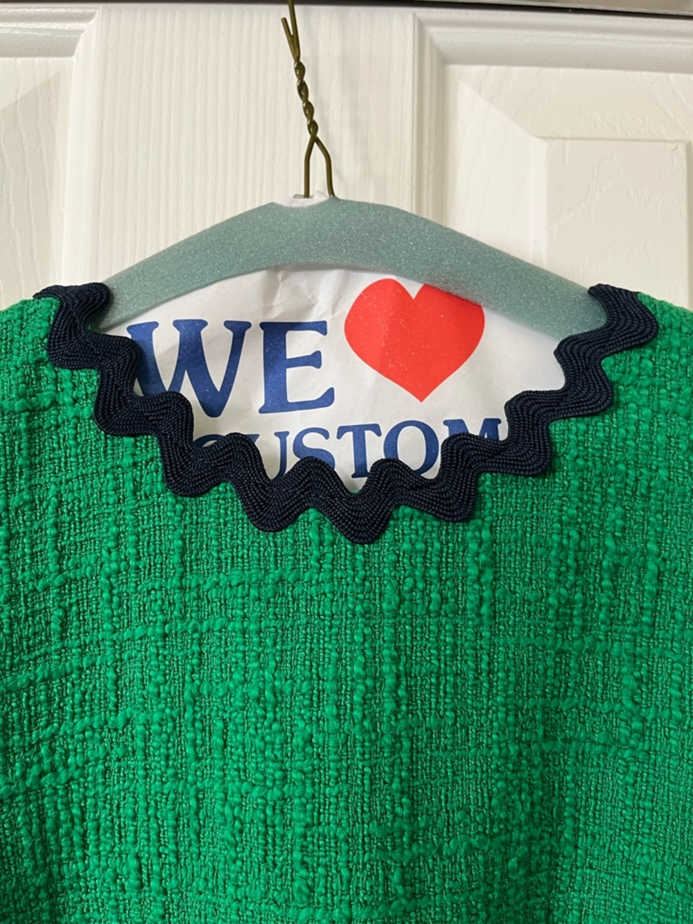 J. Crew size 2P green textured tweed sheets dress with navy blue scalloped trim - Picture 5 of 13